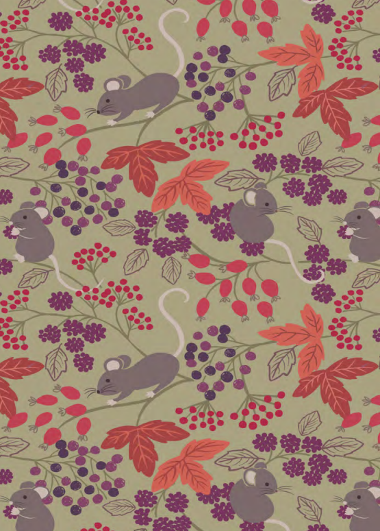 Lewis & Irene Quiltshop Hochwertige Baumwolle, gewebt, Autumn Field Mouse & Berries, Creme, Salbei, Burgund