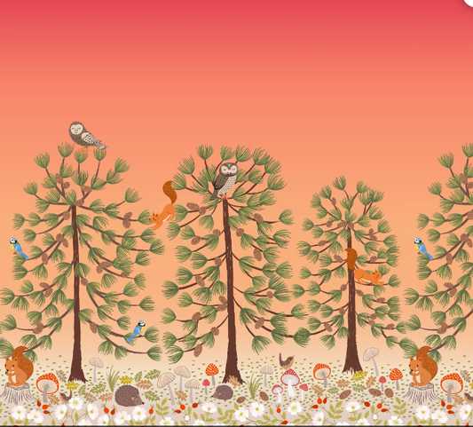 Lewis & Irene Quiltshop Quality Cotton Woven Evergreen Double Border Woodland Animals Sunset