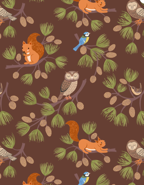 Lewis & Irene Quiltshop Quality Cotton Woven Evergreen Squirrels, Owls and Pinecones brown, white, sage