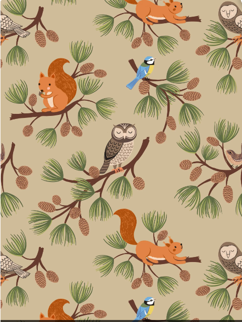 Lewis & Irene Quiltshop Hochwertige Baumwolle, gewebt, immergrüne Eichhörnchen, Eulen und Tannenzapfen, braun, weiß, salbei