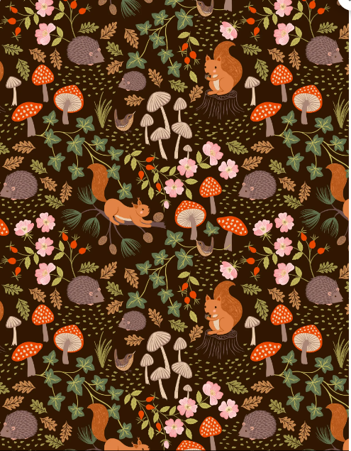 Lewis & Irene Quiltshop Quality Cotton Woven Evergreen Squirrels Hedgehog Mushroom brown, beige, white