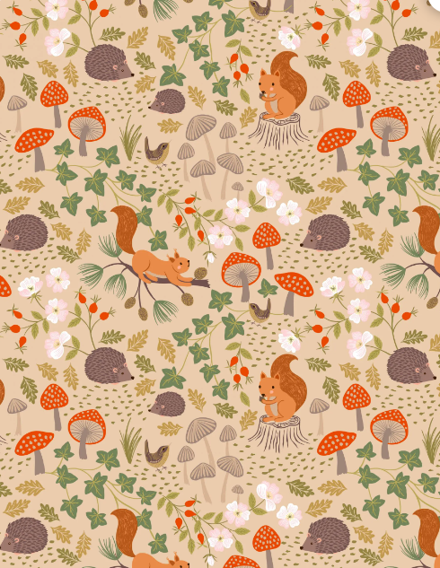 Lewis & Irene Quiltshop Hochwertige Baumwolle, gewebt, immergrüne Eichhörnchen, Igel, Pilz, braun, beige, weiß