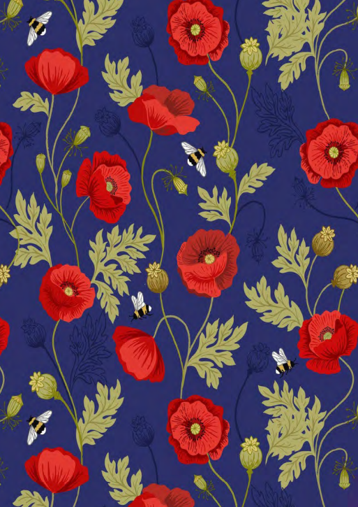 Lewis & Irene Quiltshop Hochwertige Baumwolle, Mohnblumen und Bienen, blau