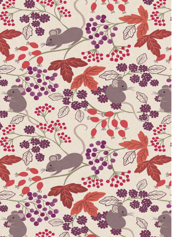 Lewis & Irene Quiltshop Quality Cotton Woven Autumn Field Mouse & Berries creme, sage, burgundy