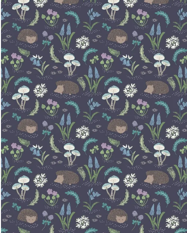 Lewis & Irene Quiltshop Quality Cotton Woven Bluebell Woods Hedgehog on dark blue