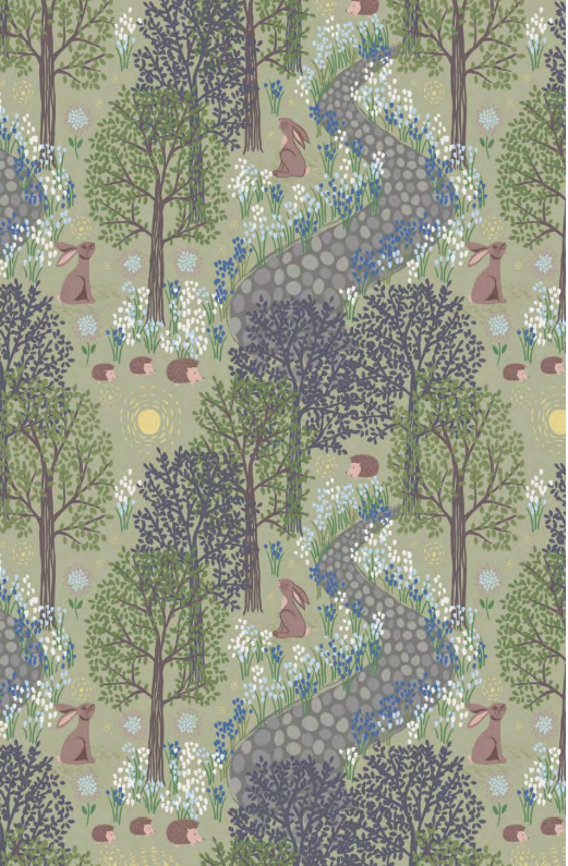 Lewis & Irene Quiltshop Quality Cotton Woven Bluebell Woods Rabbit Forest creme, dark blue, sage
