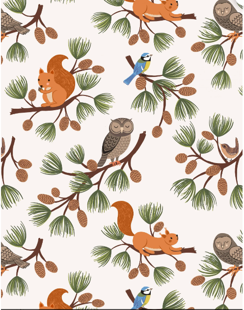 Lewis & Irene Quiltshop Quality Cotton Woven Evergreen Squirrels, Owls and Pinecones brown, white, sage