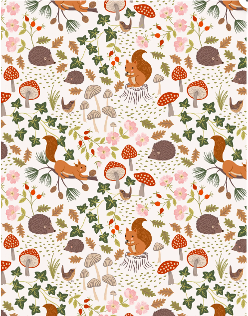 Lewis & Irene Quiltshop Quality Cotton Woven Evergreen Squirrels Hedgehog Mushroom brown, beige, white