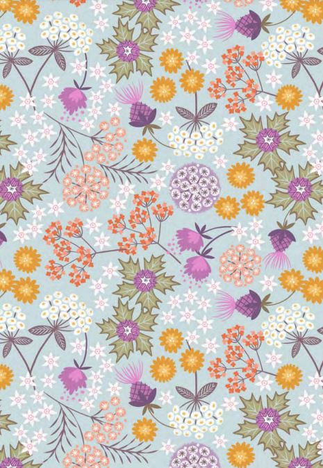 Lewis & Irene Quiltshop Quality Cotton Floral ocre, mauve, sage leaves, light blue, black multi