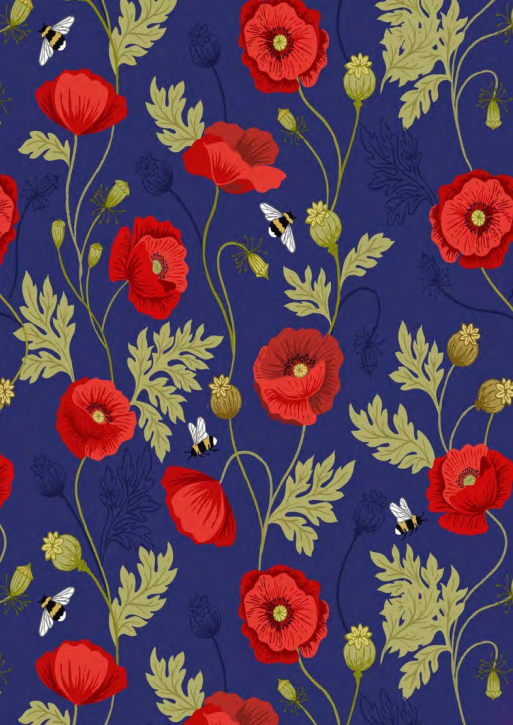 Lewis & Irene Quiltshop Quality Cotton Poppies and Bees blue