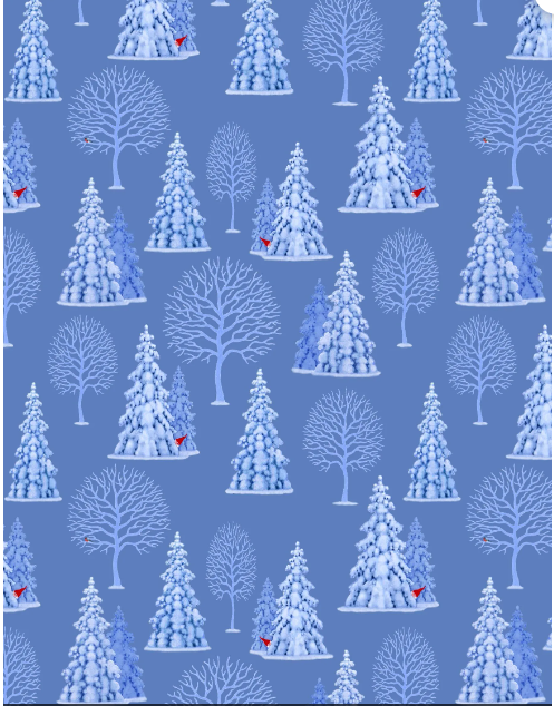 Lewis & Irene Quiltshop Quality Cotton Tomten Village Winter trees w peeking Gnomes dark blue, light blue, white