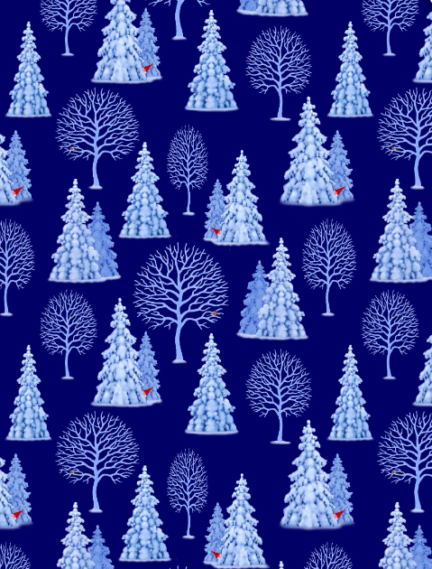 Lewis & Irene Quiltshop Quality Cotton Tomten Village Winter trees w peeking Gnomes dark blue, light blue, white
